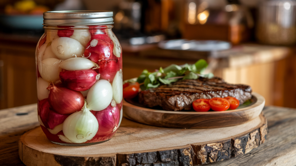 A photo of a jar of pickled sweet and sour pearl onions, red and white. The jar is placed on a rustic  wood cutting board in a charming homestead kitchen. Next to the board is a wood plate with a grilled flank steak with pickled red onions, sliced cherry tomatoes and mustard greens as a garnish. 