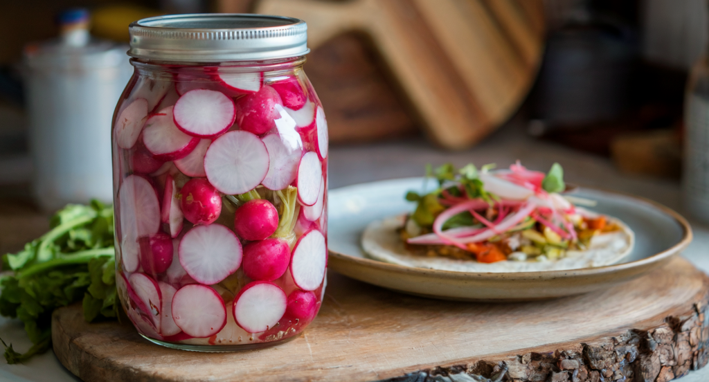 A photo of a jar of pickled radishes. The jar is on a natural wood cutting board in a cozy homestead kitchen. Next to the board is a plate with a taco utilizing the radishes as a garnish.