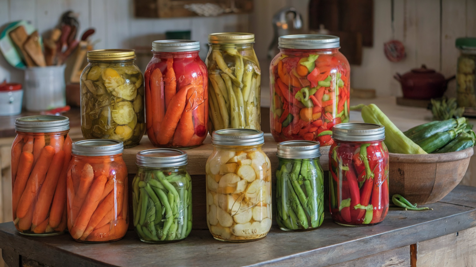 A photo of a variety of vegetables pickled in mason jars for long-term storage. The vegetables include carrots, cucumbers, green beans, peppers, and okra. Each jar is filled with the vegetables and a brine solution. The jars and cans are displayed on a rustic center island surface in a charming homestead kitchen. There is a bowl of fresh vegetables next to the jars.