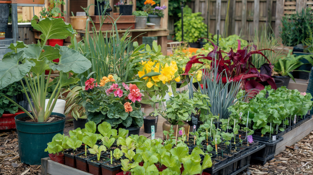 A photo of a backyard plant nursery filled with potted plants, seedlings, and other examples of backyard homestead gardening. The photo is colorful and vibrant, with a variety of plants in different stages of growth. There are tall plants with large leaves, small seedlings in pots, and plants with bright flowers. The background contains a wooden structure and a fence. The ground is covered with mulch.