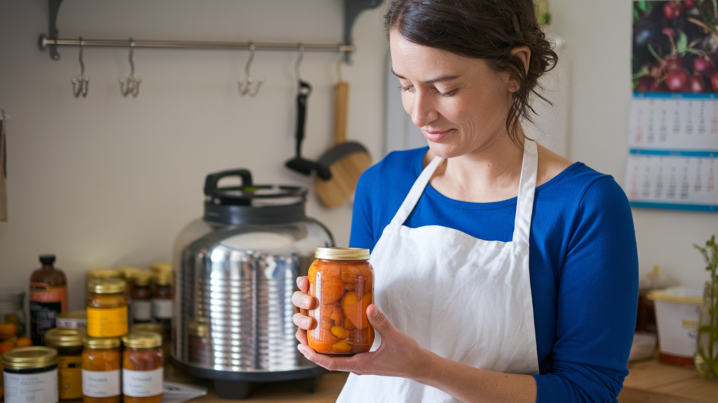 A photo of a woman in a kitchen. She is wearing a blue shirt and a white apron. She is holding a jar of canned food. There are various canned goods and a pressure canner on the counter behind her. The background wall has a few hooks and a calendar.