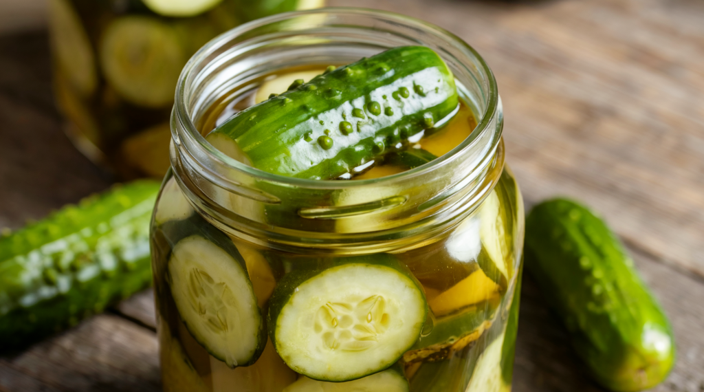 A photo of pickled Kirby cucumbers in an open canning jar. The cucumbers are a vibrant shade of green, and they are submerged in a tangy, clear liquid. The jar is placed on a wooden surface. There are some cucumbers on the side, and a few are floating in the jar. 