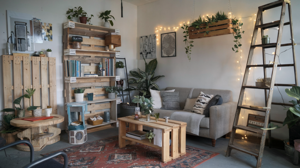 A photo of a cozy living room filled with handmade and upcycled DIY projects. There's a bookshelf made of pallet wood, a hanging planter made from a wooden crate, and a side table made from a wooden spool. There's a ladder leaning against the wall, holding up a string of fairy lights. The room has a rug, a sofa, and a few chairs. The walls have some artwork and a few plants.