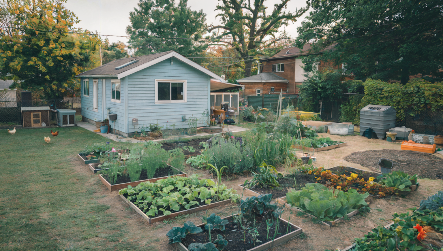 A photo of an urban homestead on 1/4 acre. The photo shows a small wooden ranch house painted light blue. Part of the property is grass only, and there are multiple garden beds filled with various plants, including vegetables and flowers. There's a composting area in one corner of the yard. In the backyard, there are a few chickens in a coop. The overall setting is surrounded by trees and has a rustic charm. Other houses can be seen beyond the property.