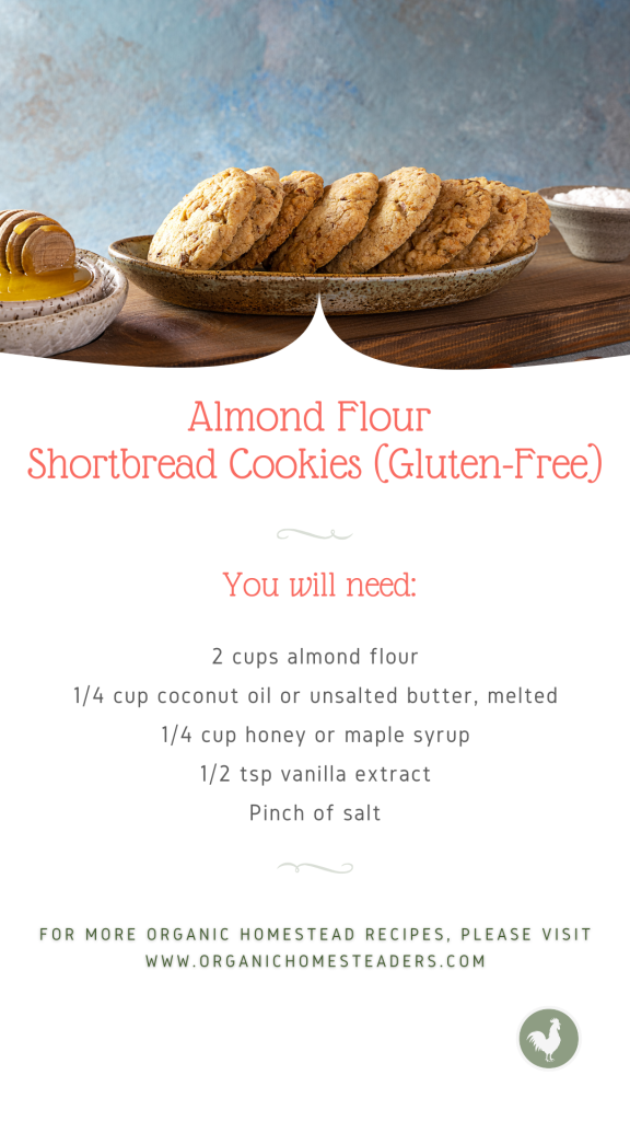 Ingredients list with photo of almond flour shortbread cookies with honey and a pinch of salt, a perfect gluten-free healthy holiday gift.