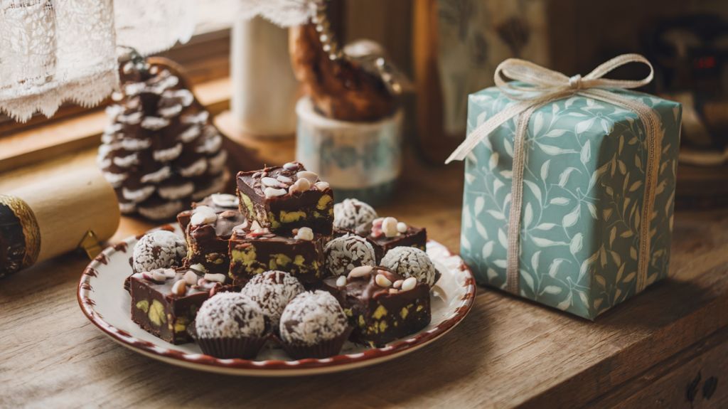 A photo of a holiday plate with Dark Chocolate Coconut Bites and Avocado Brownie Squares in a charming homestead kitchen. There is a medium-sized handmade gift box to the side. The plate is on a wooden surface. The background contains a few rustic decor items and a window with a curtain. 