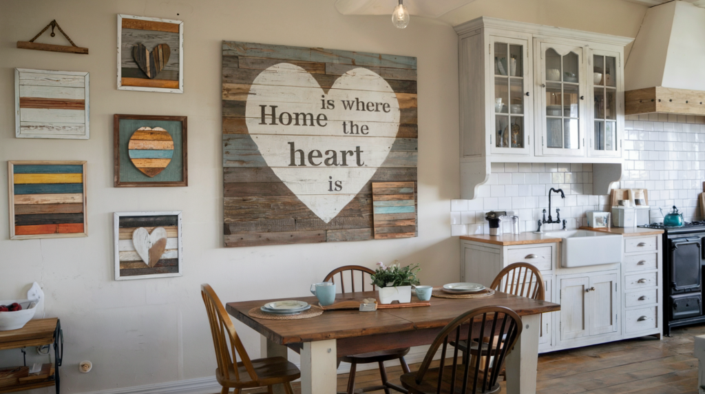 A photo of a rustic farmhouse kitchen with repurposed barnwood wall art and picture frames. The wall art features a large heart and the words "Home is where the heart is". There are several picture frames with different types of wood art, designs, and colors. The kitchen has a wooden table with chairs, a white cabinet with glass doors, a black stove, and a white sink. The floor is made of wood.