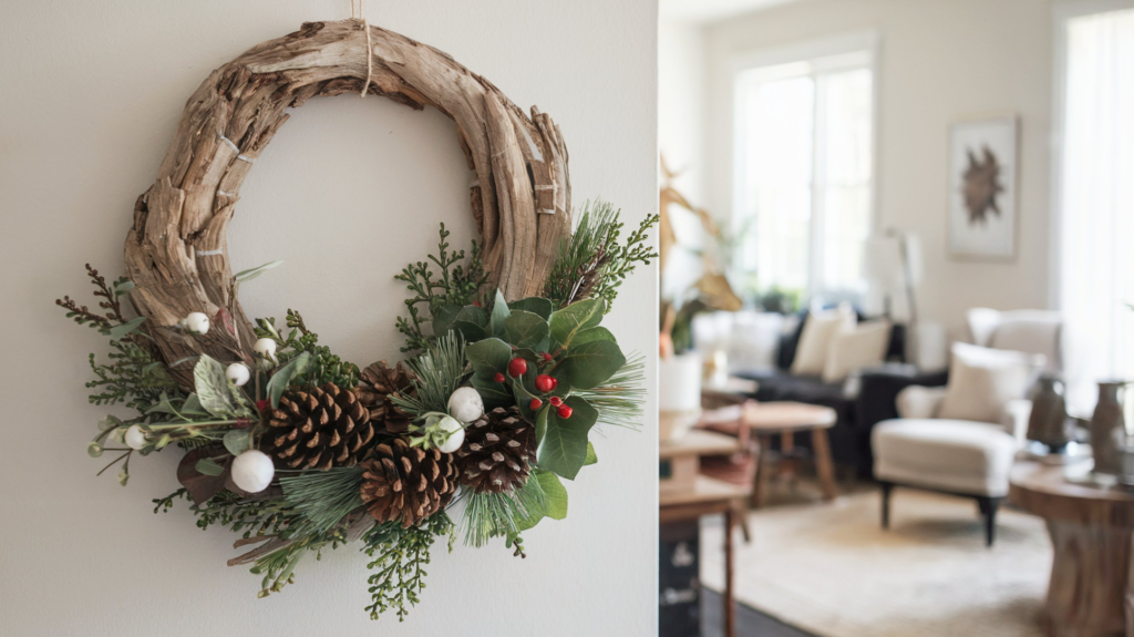 A photo of a seasonal wreath made of barnwood with greenery, pinecones, and floral elements. The wreath is hanging on a white wall. The background is a cozy living space with a sofa, a chair, and a table.