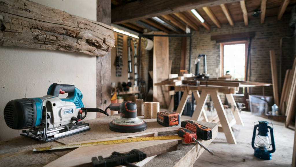 A photo of a rustic workshop with a jigsaw, sander, tape measure, wood glue, clamps, and a drill. A piece of barnwood hangs on the wall. There's a table with a rustic creation in progress, and a lantern on the floor. The room has a wooden beam ceiling and brick walls.