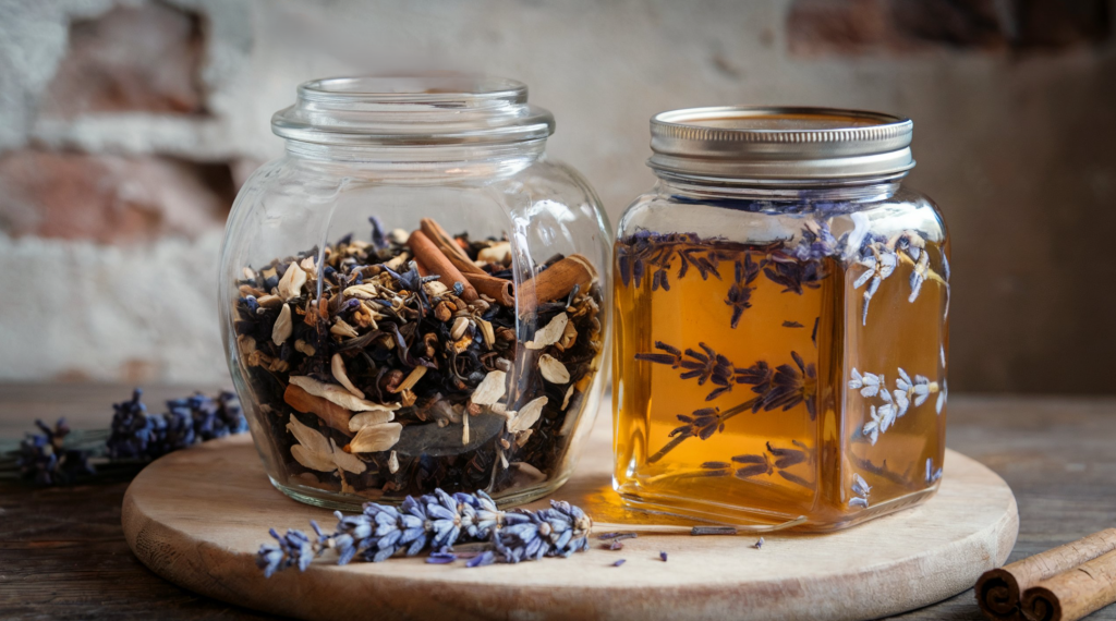 A photo of a decorative jar filled with a homemade chai tea blend and a lavender-infused honey. The chai tea blend is a mix of black tea leaves, cinnamon sticks, cardamom pods, cloves, and ginger root. The lavender-infused honey is a golden hue and has small pieces of lavender flowers suspended within it. Both the tea blend and honey are stored in glass jars with metallic lids. The jars are placed on a wooden board. There are dried lavender flowers and a cinnamon stick beside the jars. The background is a rustic wall with visible bricks.