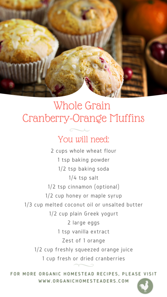 Ingredients list with photo of whole grain cranberry-orange muffins, a perfect healthy holiday gift from the homestead.