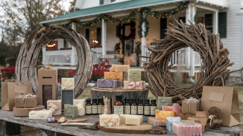 A photo of a rustic table with artisanal soaps, essential oils, homemade natural candles, and barnwood wreaths. The soaps are in various shapes and sizes, with intricate designs and natural ingredients. The essential oils are in small glass bottles. The candles are made of natural wax and have wooden wicks. The barnwood wreaths are made of thick, weathered wood. The table is placed in front of a farmhouse decorated for the holidays. There are handmade gift boxes of different sizes and handmade gift bags of various sizes on the display table. 