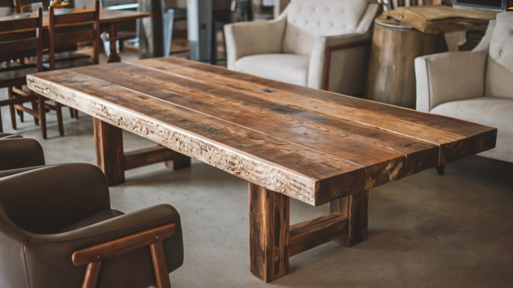 A photo of a barnwood dining or coffee table with a rich, aged texture. The table has a few planks and sturdy legs. The table is placed in a room with modern or vintage chairs. The room has a protective sealant on the table.