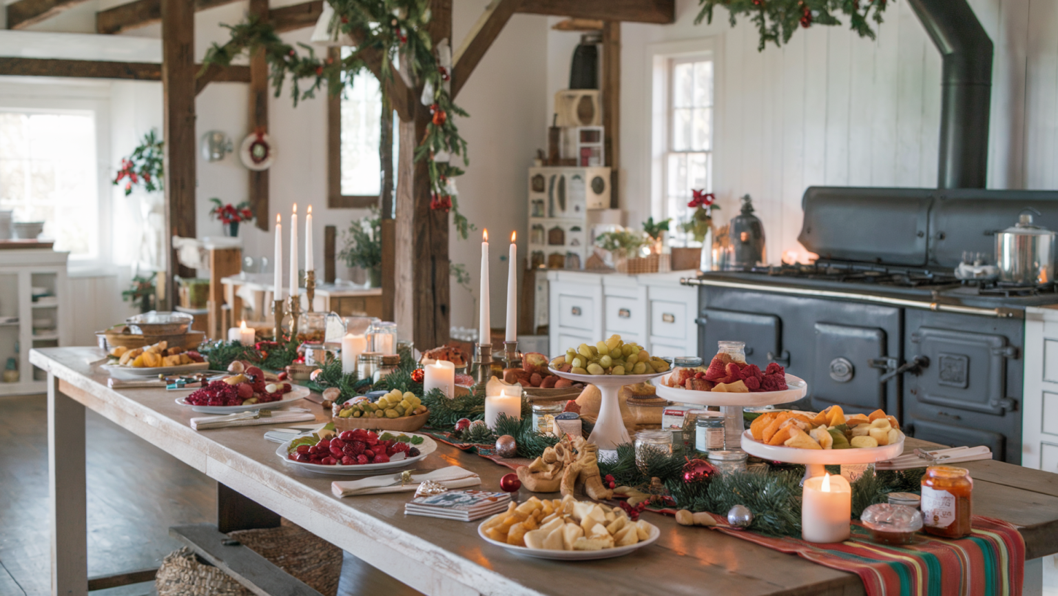 A photo of a homestead kitchen decorated for the holidays, with a table full of healthy holiday treats. There are various treats such as fruit and nut platters, baked goods, and jars of preserves. The table is adorned with a festive runners, candles, and ornaments. The room has a rustic charm with wooden beams, a large stove, and a vintage stove.