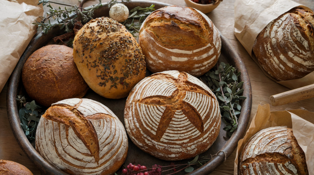 A photo of a selection of wholesome breads prepared from the homestead. The breads are displayed on a large farm-style platter surrounded by herbs. There is natural wrapping paper on the side to prepare the bread as holiday gifts.