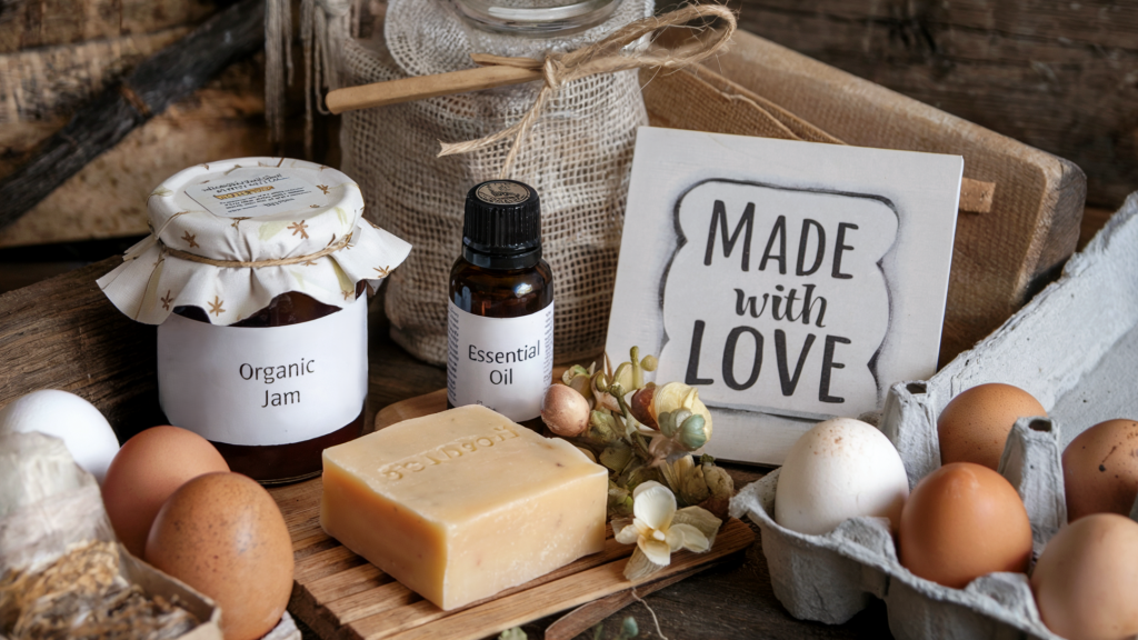 A photo of a selection of healthy and wholesome gifts from a homestead. There is a jar of organic jam, a bottle of essential oil, a bar of handmade soap, and a carton of eggs. All the products are placed on a wooden surface. There is a sign with the message "made with love" next to the products. The background is rustic and earthy, with visible wood and fabric textures.