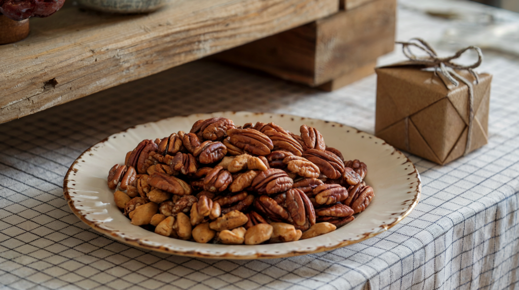 A photo of a homestead-style table with a plate of maple-glazed pecans and spiced almond clusters. There is a small handmade gift box to the side. The plate is on a checkered tablecloth. The background contains a wooden beam and a few other items. 