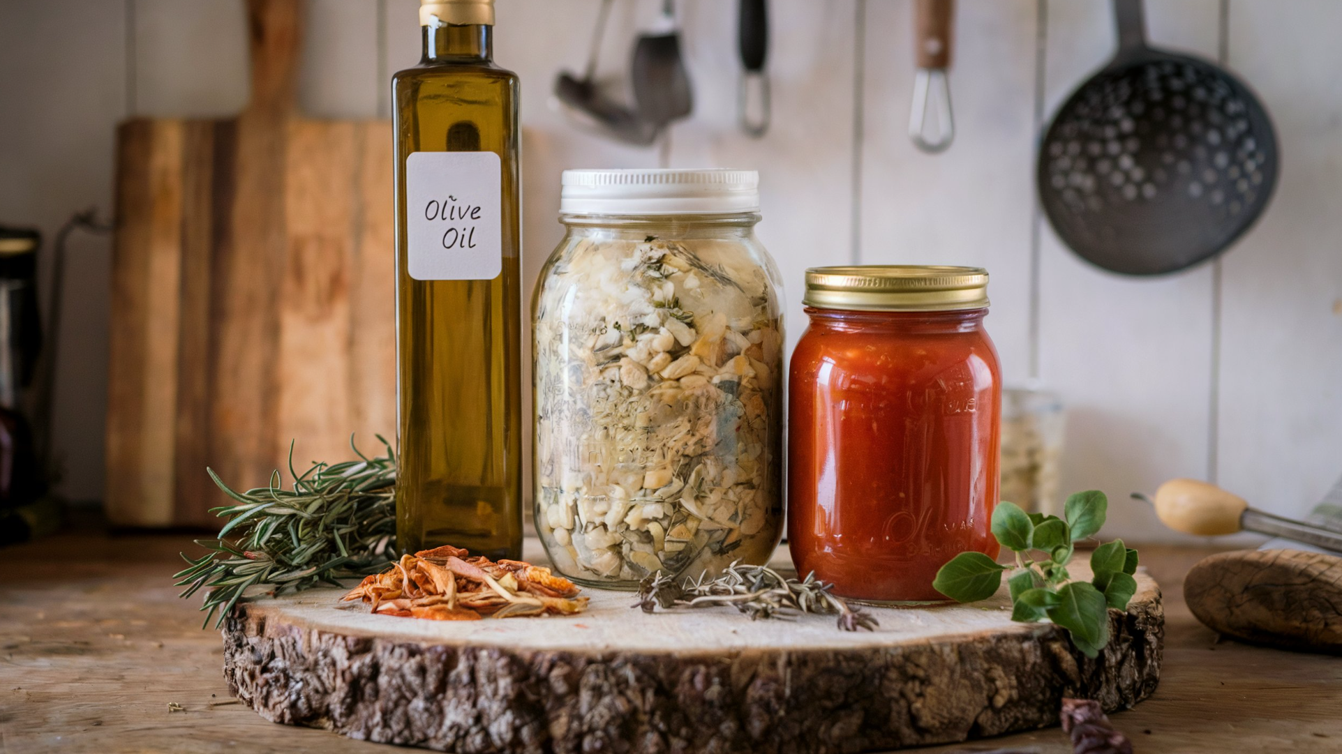 A photo of a selection of a tall bottle of light olive oil, a large jar of homemade vegetable soup mix, and a jar of tomato sauce on a rustic butcher block in a homestead kitchen. There are dried rosemary, thyme, and oregano around the base of the butcher block. The background contains a few cooking utensils and a wooden spoon.