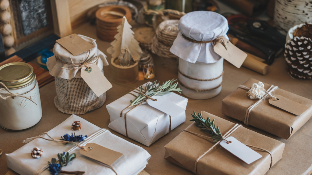 A photo of a homestead workshop with various thoughtfully packaged holiday gifts. There are reusable jars, cloth wraps, and recycled paper used to package the gifts. Natural elements like twine, dried flowers, and sprigs of herbs are incorporated. Personalized labels and tags are attached to the gifts. The background contains various tools and materials.