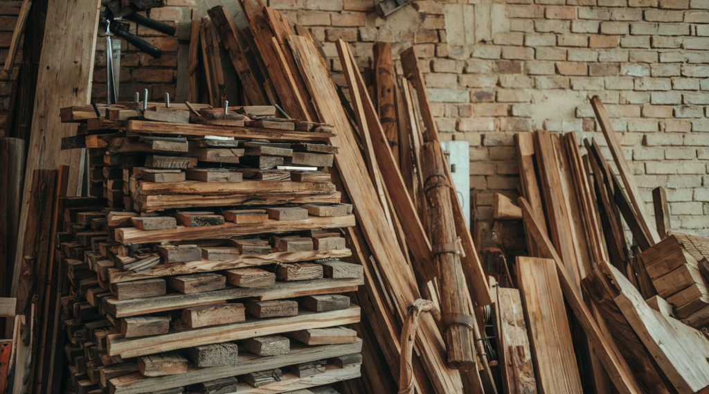 A photo of barnwood, reclaimed wood salvaged from old barns, farmhouses, or industrial buildings. The barnwood is stacked in a rustic manner, with some pieces leaning against each other. There are nails and a few tools scattered among the wood pieces. The background is a brick wall with some damage. 