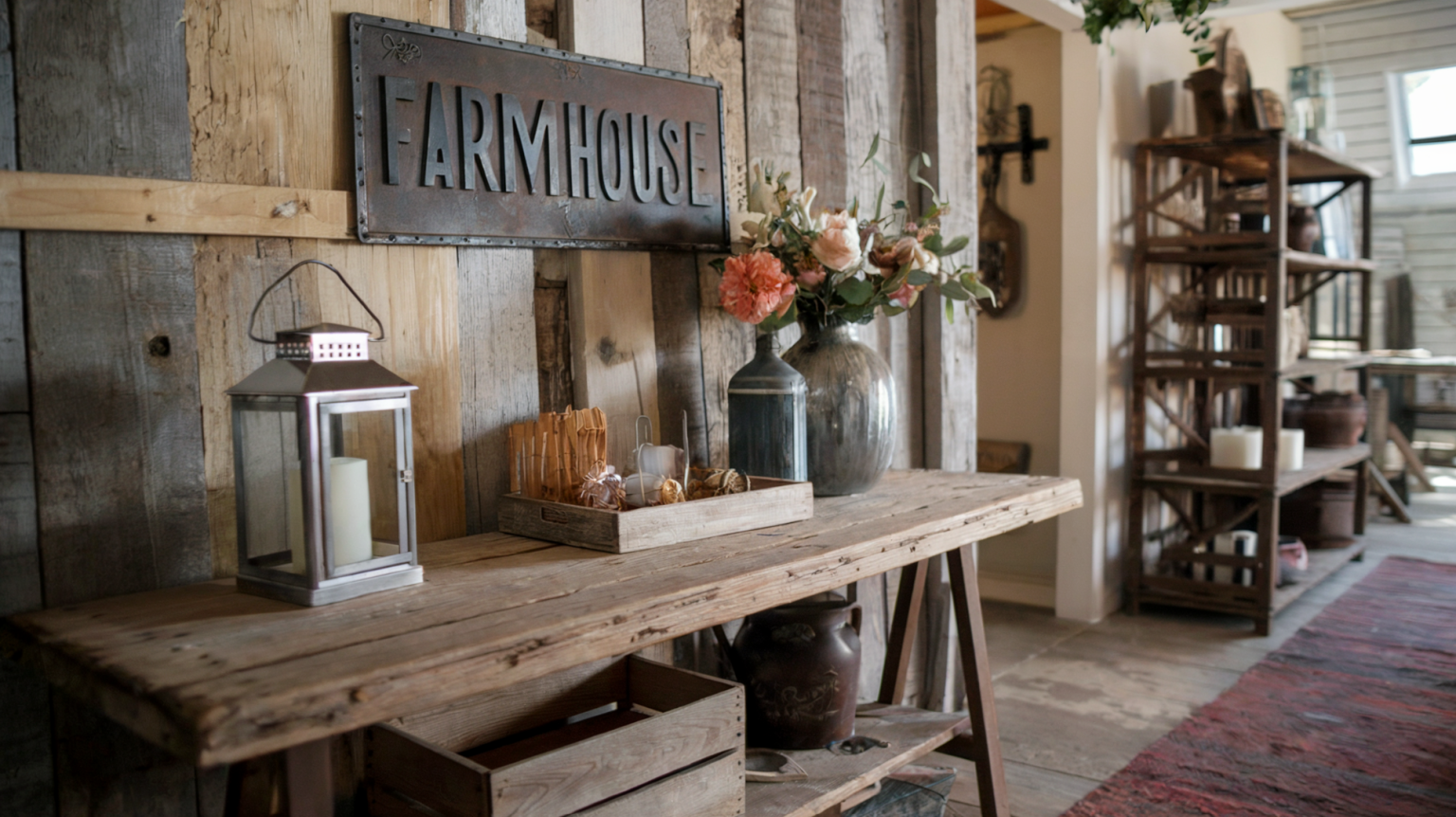 A photo of a heartwarming rustic farmhouse decor. There is a weathered barnwood table with a few decorative items, including a lantern, a vase with flowers, and a wooden crate. Above the table, a vintage metal sign hangs on the wall. The floor is covered with a worn-out rug. The background reveals a rustic shelf with more decorative items. The overall scene has a warm, cozy ambiance.