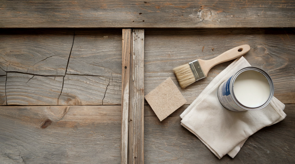 A photo of a barnwood headboard with a few tools and materials for finishing, sealing, and maintaining barnwood furniture and decor. There is a can of white paint, a brush, a piece of sandpaper, and a cloth. The headboard has a few visible cracks and the wood has a weathered, greyish-brown hue.