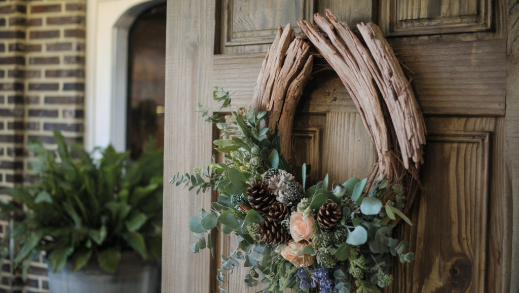 A photo of a barnwood wreath with greenery, pinecones, and floral elements. The wreath is hung on a wooden door. The background contains a brick wall and a potted plant. 