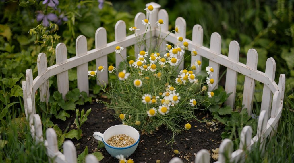 A photo of a chamomile plant in a garden, surrounded by a white picket fence. There's a cup on the ground beside the plant, and it contains chamomile seeds. The background is lush with greenery. The lighting is soft.