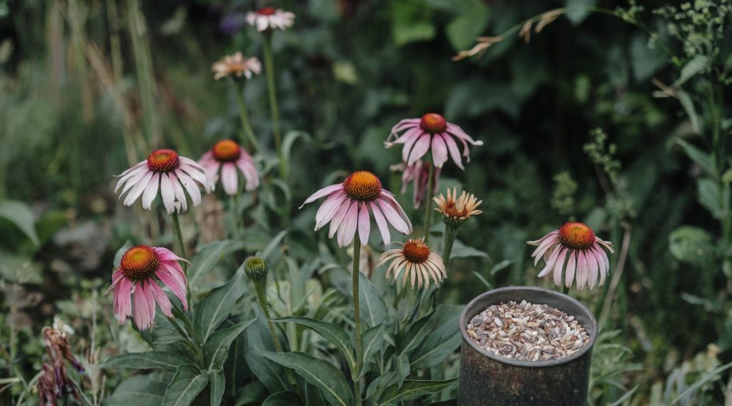 A photo of a garden with several echinacea plants. The flowers are pink and purple, with a yellow center. There is a cup next to the plants, filled with echinacea seeds. The background is overgrown with greenery.