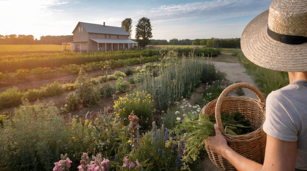 A photo of a sunny afternoon on a homestead with a farmhouse in the background. There's a field of herbs and flowers. The back of a woman wearing a straw hat and holding a basket to collect herbs is visible. The basket is filled with various herbs. 