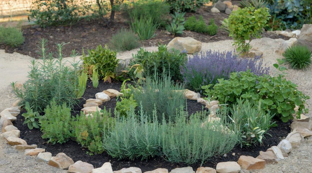 A photo of a small herb garden with companion planting. The garden has a natural rock border and the herbs are arranged in a circular or spiral pattern. There are various herbs such as rosemary, lavender, thyme, and oregano. The background has a few trees and there is a path leading to the garden.