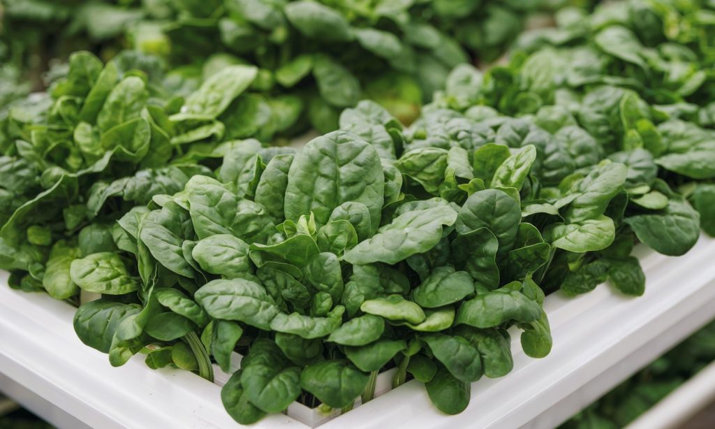 A photo of a white hydroponic container filled with fresh green  spinach and are vibrant in color, with some leaves having a slightly darker hue. The overall ambiance of the image suggests freshness and organic produce.