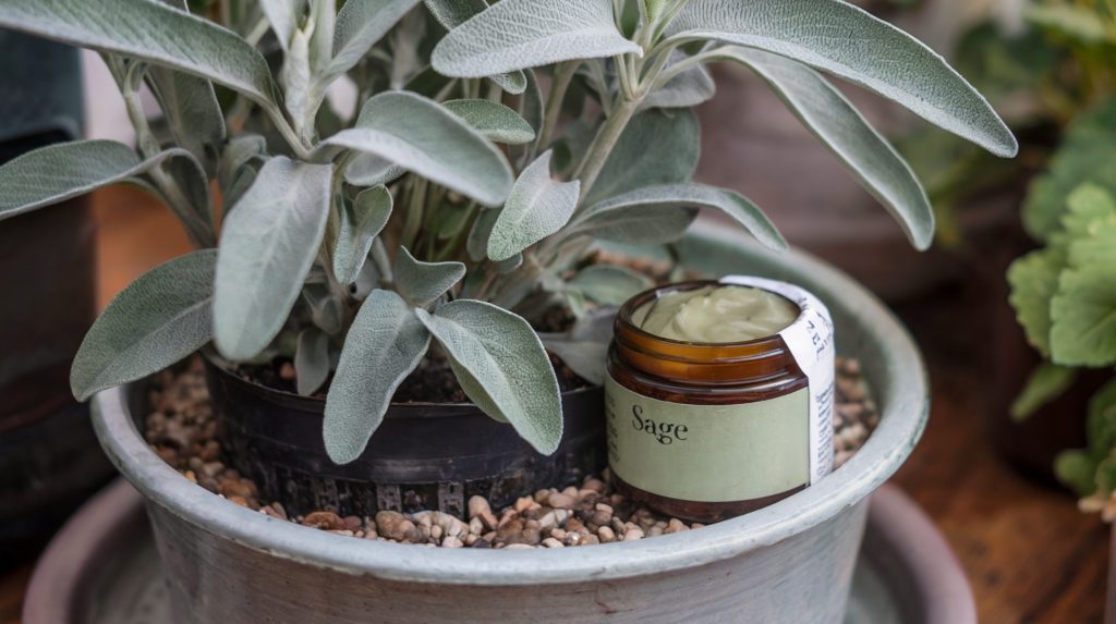 A photo of sage growing in a container indoors. Next to the pot is a small jar of salve made with sage for health benefits. 