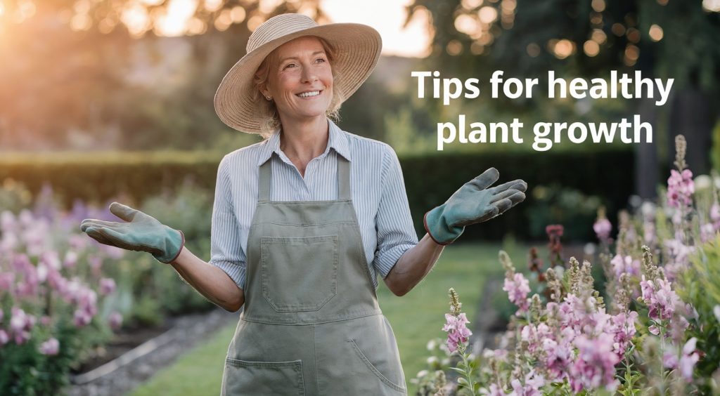 A woman in gardening gloves smiling in her raised bed garden. Text overlay reads "tips for healthy plant growth."