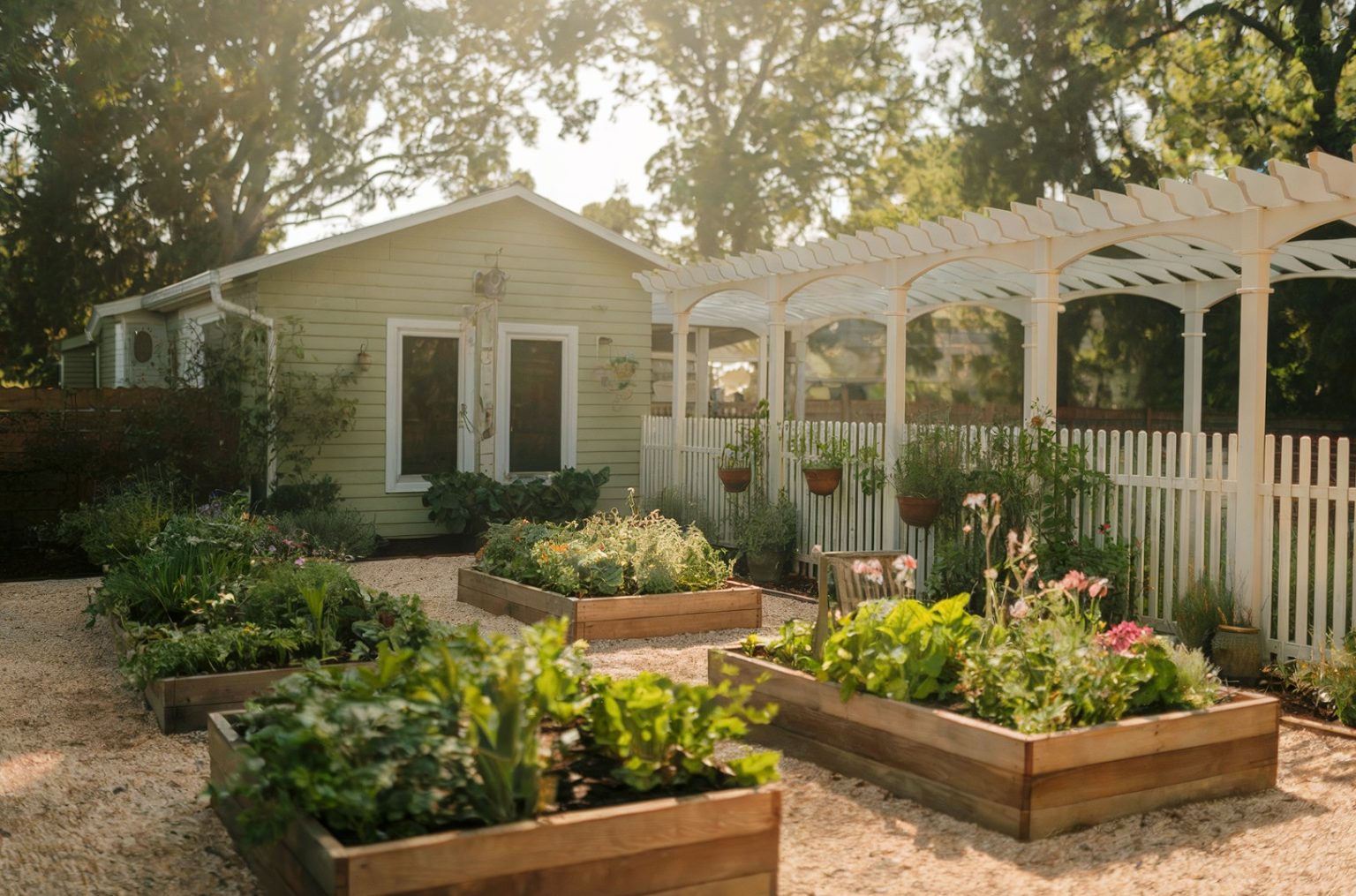 A light green house with several raised bed gardens, and potted plants.