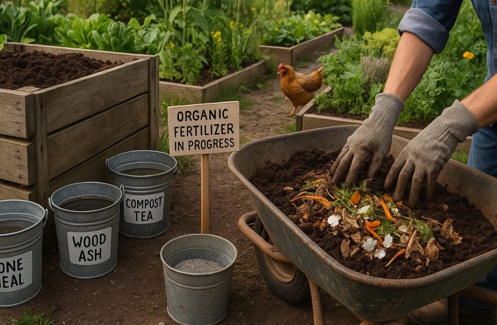 An image of various methods of making DIY organic fertilizer. 3 buckets with wood ash, compost tea and bone meal sit next to a homesteader putting kitchen scraps in a wheelbarrow.