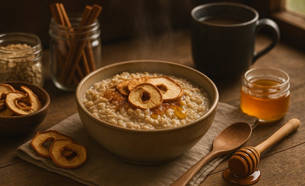 A cozy farmhouse breakfast scene with a steaming bowl of apple cinnamon oatmeal on a rustic wooden table. The oatmeal is topped with slices of dried apple, a sprinkle of cinnamon, and a visible swirl of golden honey. Surrounding the bowl are small glass jars of oats, cinnamon sticks, dried apple slices, and a honey dipper resting on a linen napkin. Soft morning light streams through a window in the background, casting a warm, inviting glow over the setting. A steaming mug of tea or coffee sits nearby, completing the comforting homestead breakfast atmosphere.