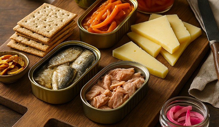 A rustic wooden serving board arranged with a no-cook snack dinner spread. Neatly layered stacks of assorted crackers, open tins of canned fish (like sardines or smoked trout), colorful pickled vegetables in small jars, and sliced wedges of hard cheese such as cheddar or gouda. The board is placed on a farmhouse table with a linen napkin and a knife for slicing. A glass of sparkling water or homemade kombucha sits nearby. Natural light filters in from a nearby window, creating a cozy, gourmet-yet-homestead vibe ideal for a relaxed and nourishing evening meal.
