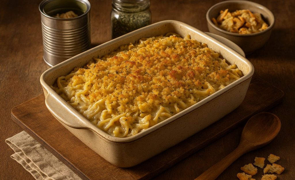 A rustic farmhouse kitchen table displaying a steaming baking dish filled with creamy chicken casserole, golden brown on top with a crispy breadcrumb and cracker crust. Visible noodles peek through the creamy sauce, and bits of canned chicken and herbs are sprinkled throughout. Surrounding the dish are simple pantry ingredients—an open can of chicken, a jar of dried herbs, and a small bowl of crumbled crackers. The warm lighting highlights the bubbling edges of the casserole, evoking comfort and home-cooked simplicity. A wooden spoon rests nearby, ready to serve.