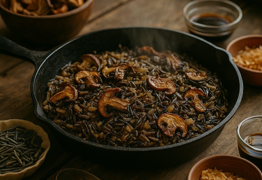 A rustic cast iron skillet filled with a savory wild rice and mushroom dish sits atop a weathered wooden table. The rehydrated mushrooms are glistening and nestled among the dark wild rice, with flecks of golden onion flakes and a drizzle of soy sauce adding depth and color. Steam rises gently from the skillet, hinting at its warmth. Around the skillet are small bowls containing dried mushrooms, uncooked wild rice, and a soy sauce bottle. The background features a soft-focus farmhouse kitchen or garden view, bathed in natural afternoon light, evoking cozy homestead cooking.