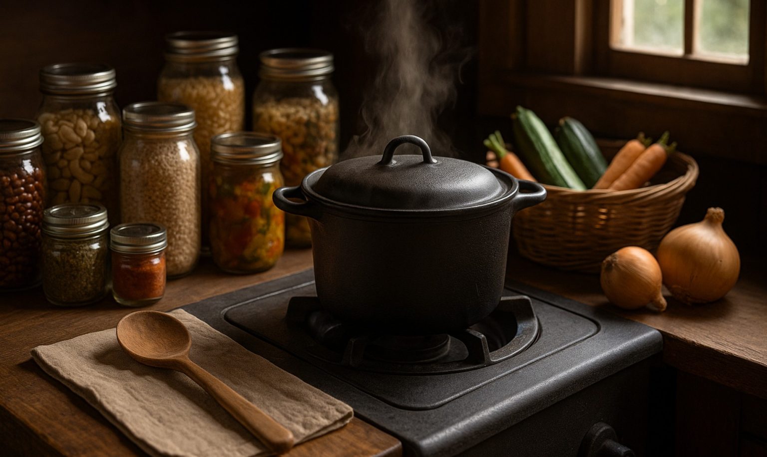 Rustic kitchen with cast iron pot on an old stove and surrounded by pantry staples.