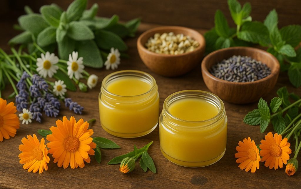 A calendula comfort salve made with beeswax and stored in two glass jars.