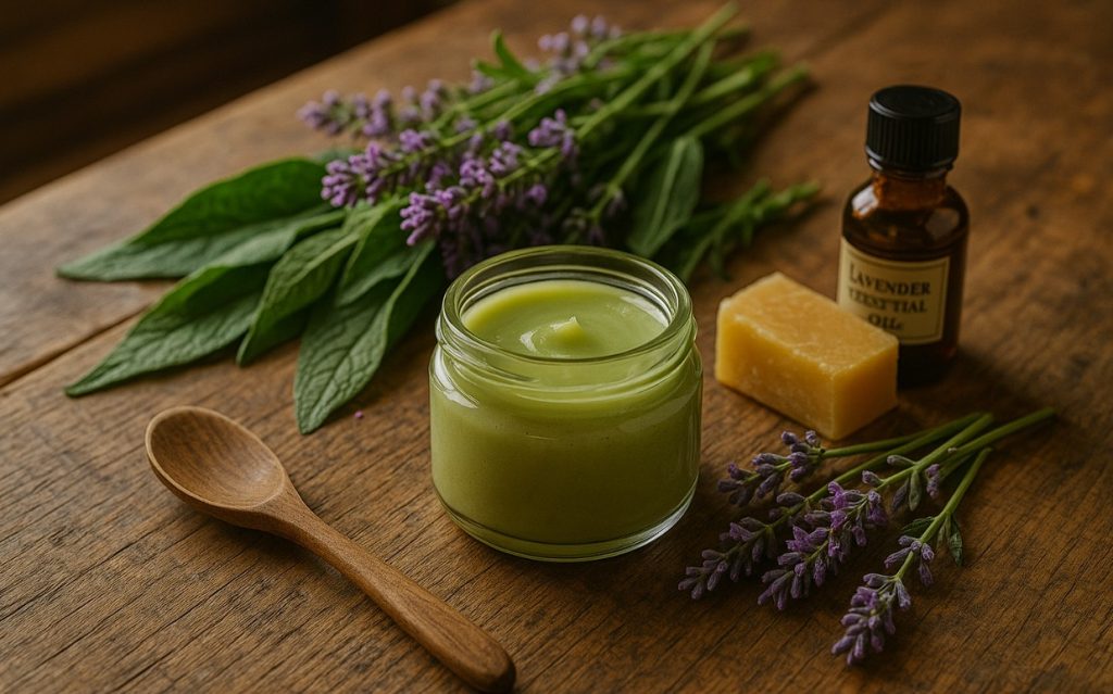 A small glass jar of creamy green Comfrey & Lavender Healing Balm sits open on a rustic table, with a wooden spoon resting beside it. Nearby are fresh comfrey leaves, sprigs of blooming lavender, a block of golden beeswax, and a small glass bottle. Soft natural light from a window highlights the texture of the balm and the vibrant greens and purples of the herbs.