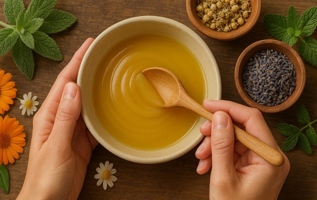 Hands holding a porcelain pot, stirring calendula and other herbs to make a healing balm.