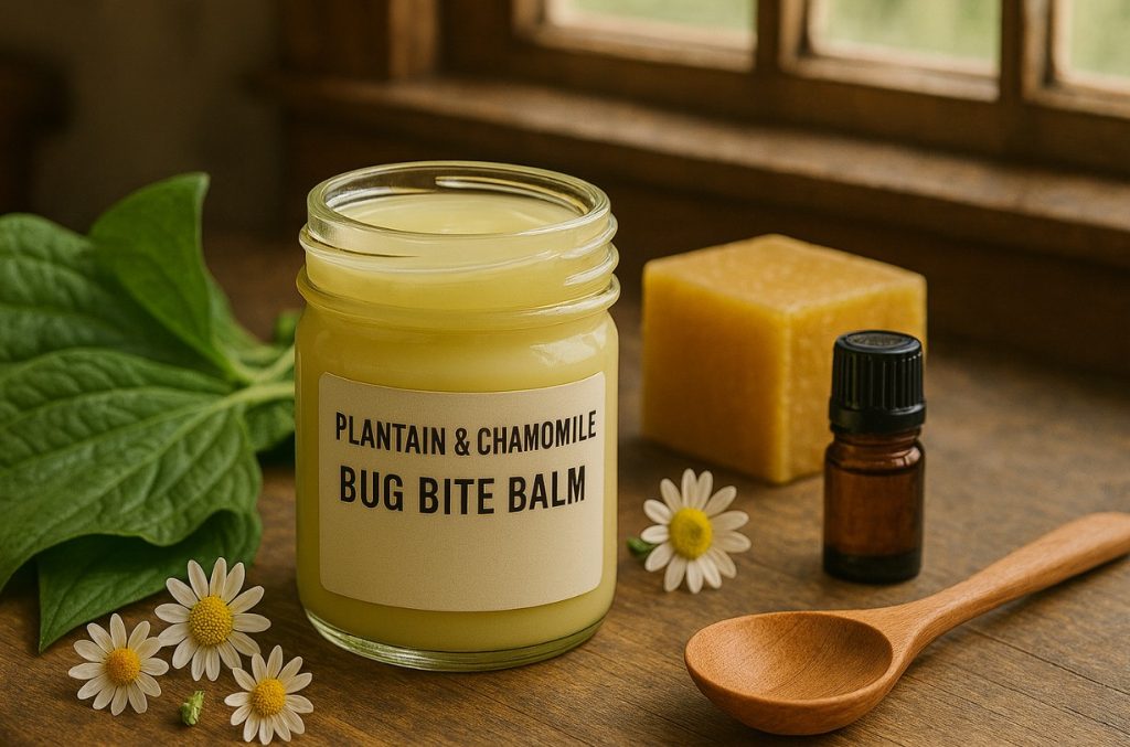 A jar labeled "plantain & chamomile bug bite balm is seen on a rustic wood table surrounded by plantain leaves, chamomile leaves, a bottle of essential oil and a wooden spoon.
