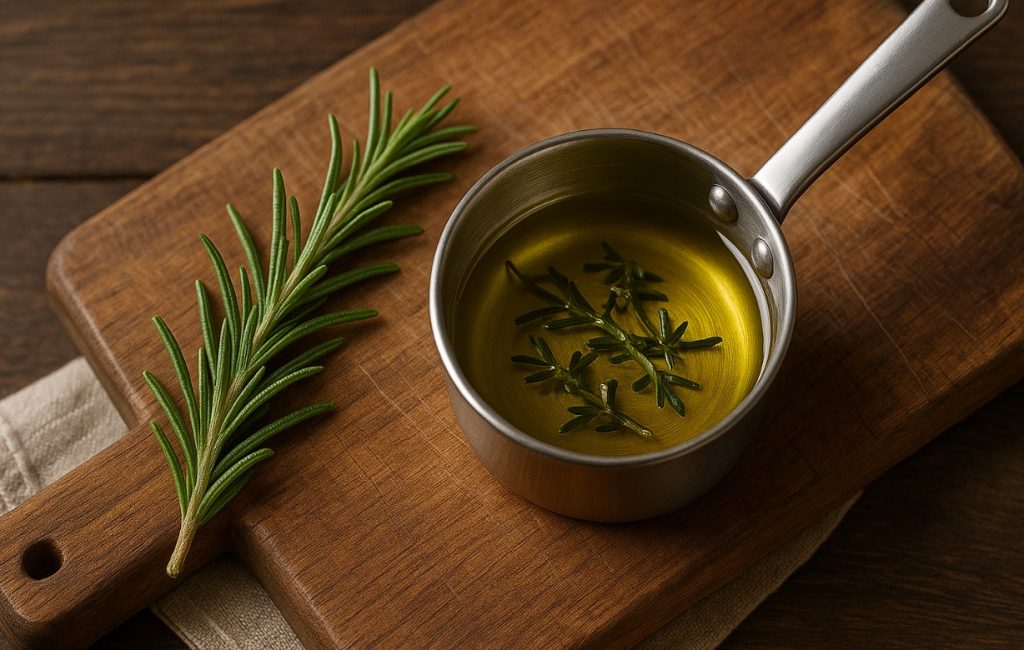 A steel pot on a cutting board with a sprig of rosemary in oil to create a healing infusion.